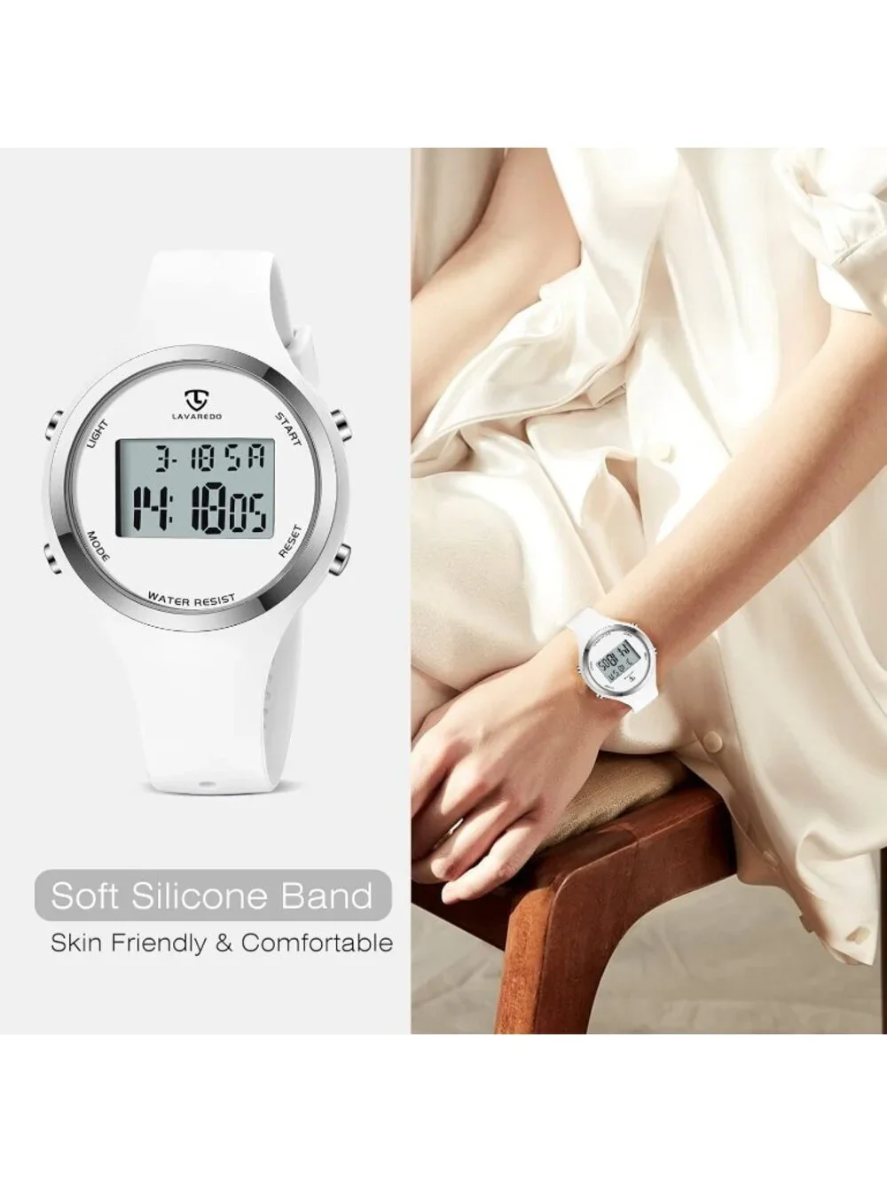 Womens All White Quartz Chronograph Waterproof Outdoor Sport Alarm Digital Watch
